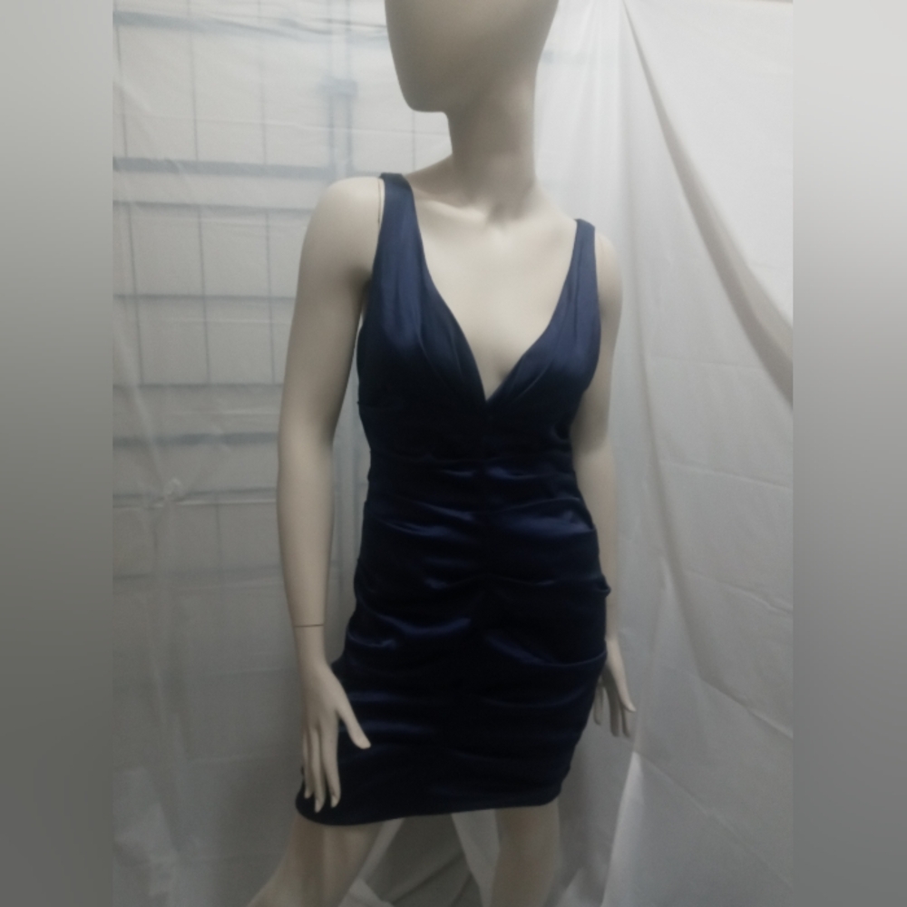 Xscape Blue Bodycon Ruched Cocktail Dress with Plunge Neckline